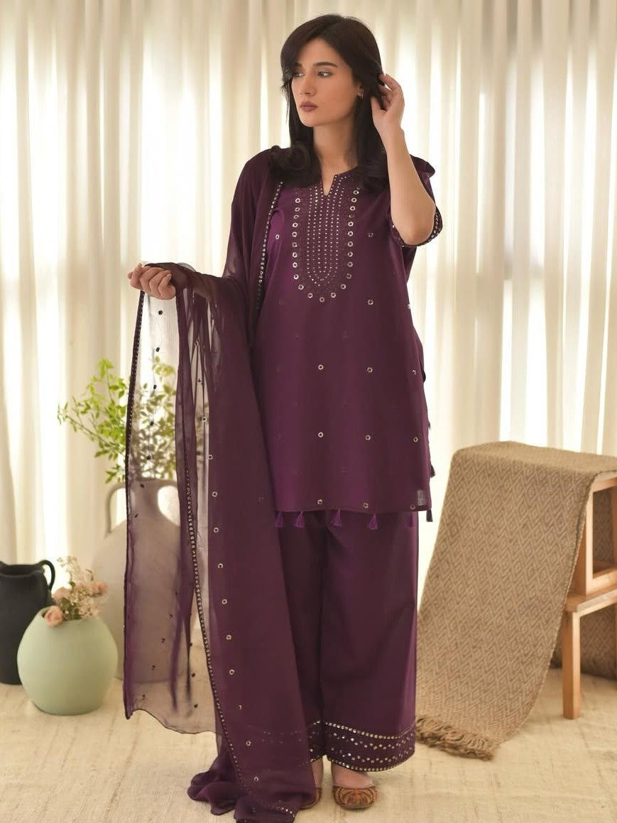 PURPLE AURA – Luxury Embroidered 3-Piece Suit (Stitched)