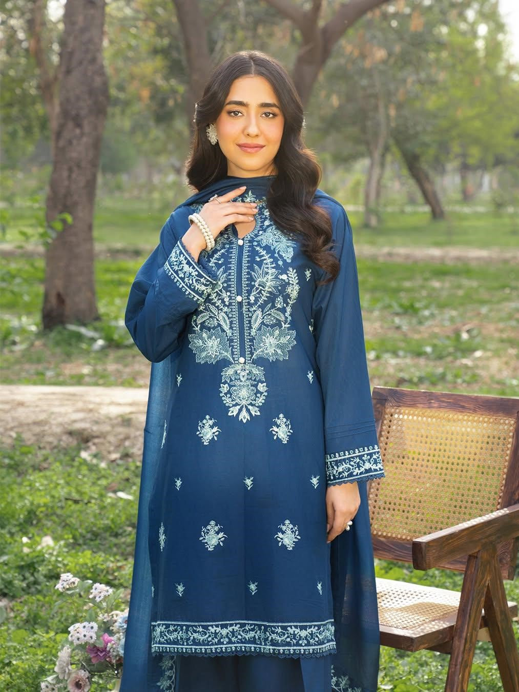 RAMAN 3PC – Embroidered Suit with Farshi Shalwar (Stitched)