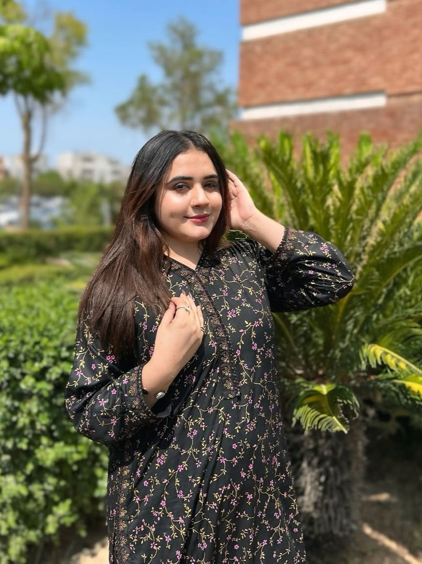 Midnight Blossom – Printed Long-Length Suit (2-Piece stitched)