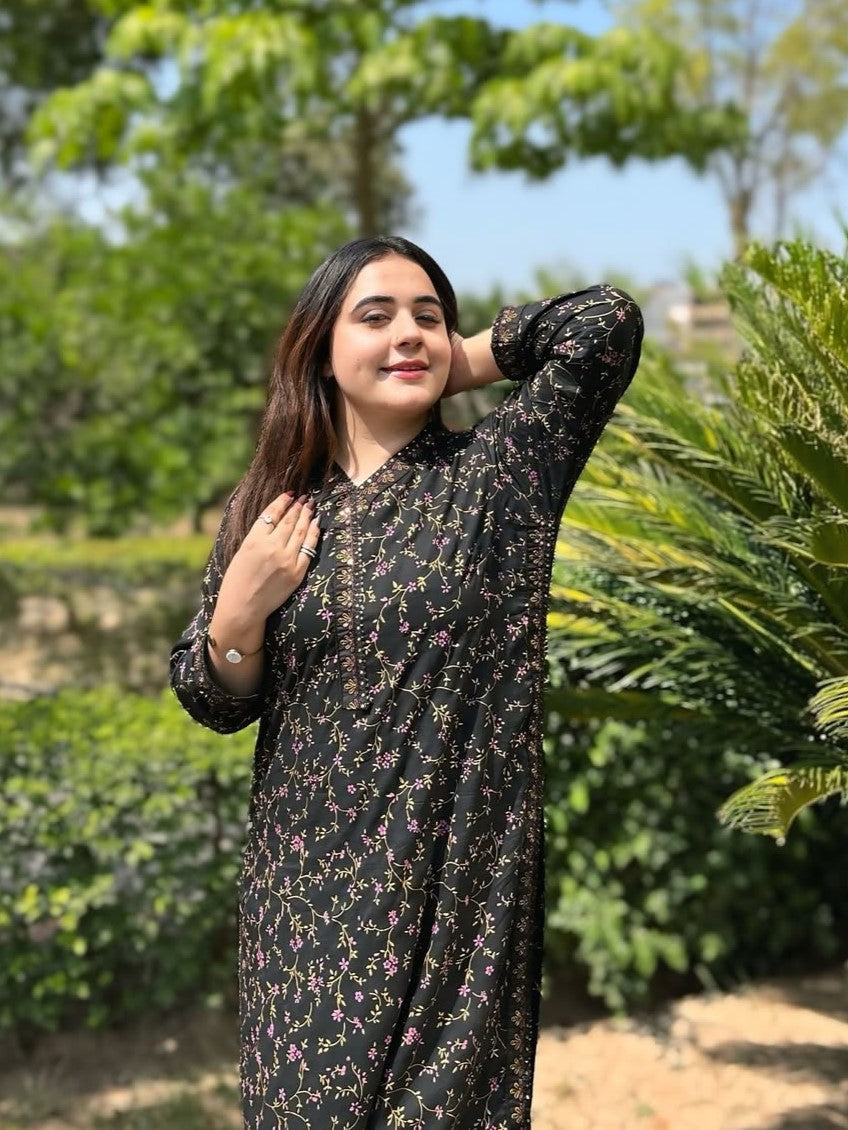 Midnight Blossom – Printed Long-Length Suit (2-Piece stitched)